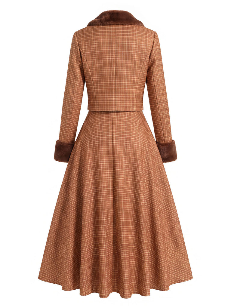 [Prevendita] 2PCS Set Marrone Anni '40 con Giacca Corta a Quadri in Ecopelliccia e Gonna 4