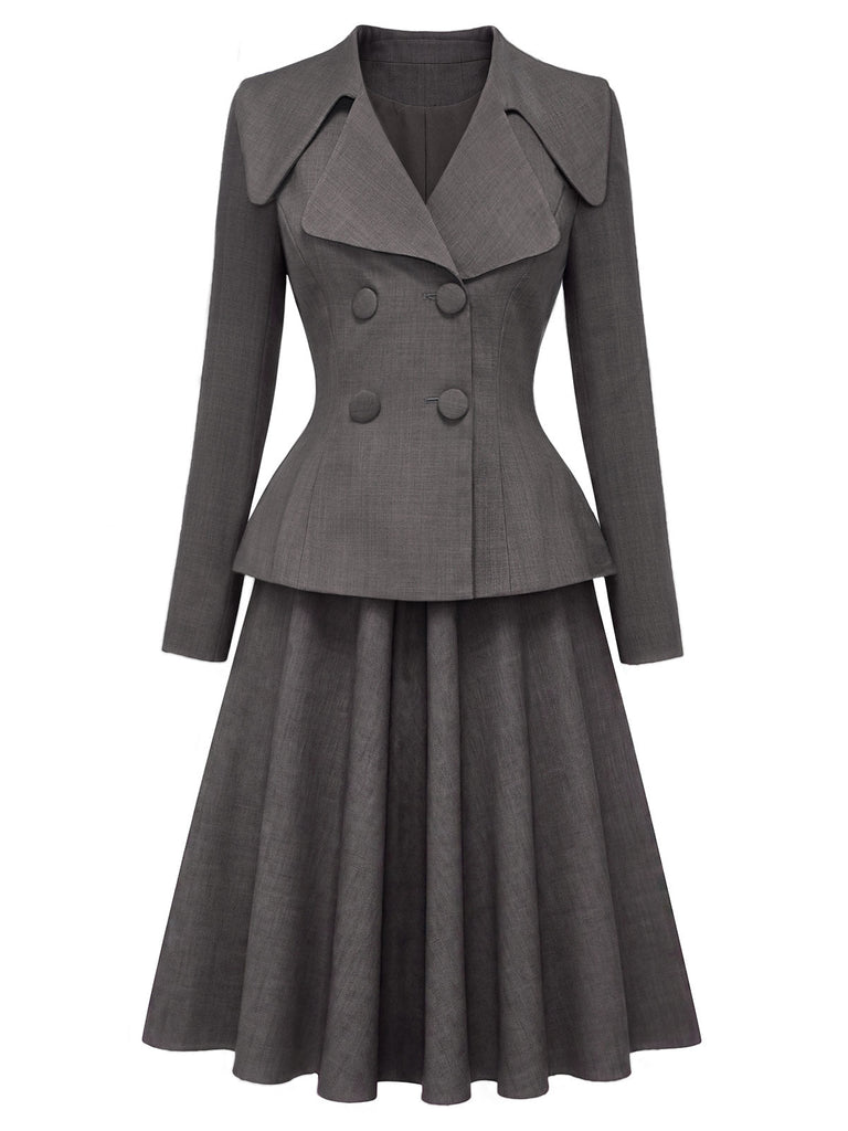 [Prevendita] 2PCS Top blazer anni '40 grigio scuro tinta unita con scollo a V e maniche lunghe e gonna 2