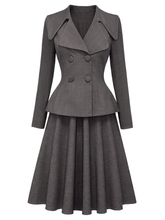 [Prevendita] 2PCS Top blazer anni '40 grigio scuro tinta unita con scollo a V e maniche lunghe e gonna 2