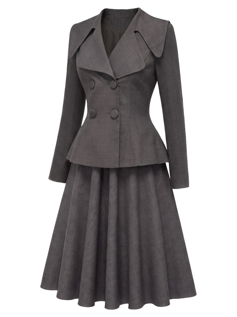 [Prevendita] 2PCS Top blazer anni '40 grigio scuro tinta unita con scollo a V e maniche lunghe e gonna 3