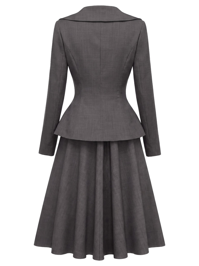 [Prevendita] 2PCS Top blazer anni '40 grigio scuro tinta unita con scollo a V e maniche lunghe e gonna 4