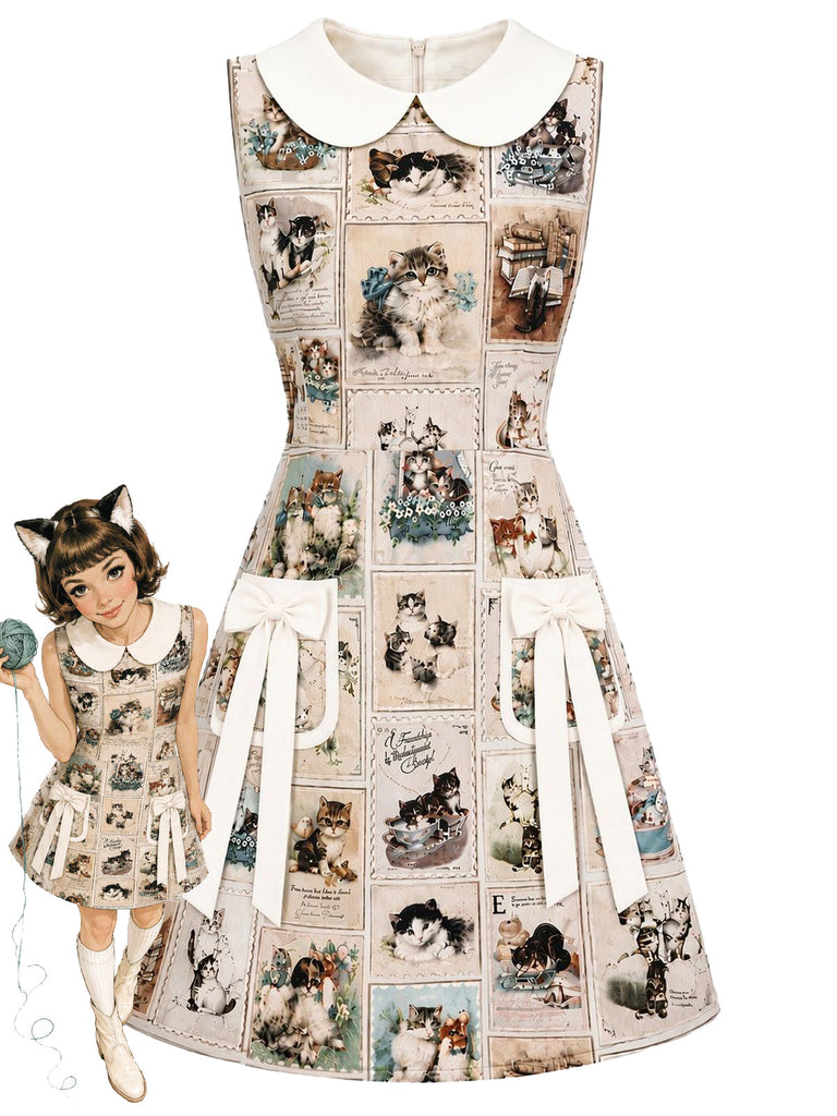 [Prevendita] Abito anni '60 beige con colletto Peter Pan e stampa vintage di cartoline con gatti