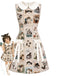 [Prevendita] Abito anni '60 beige con colletto Peter Pan e stampa vintage di cartoline con gatti