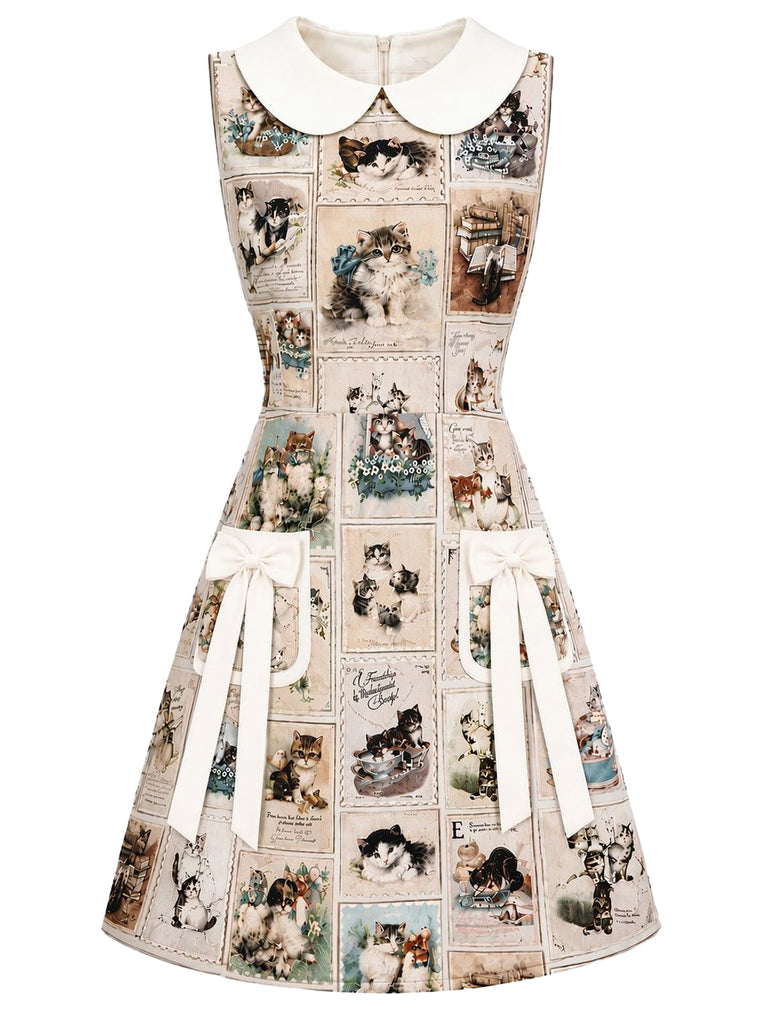 [Prevendita] Abito anni '60 beige con colletto Peter Pan e stampa vintage di cartoline con gatti 2
