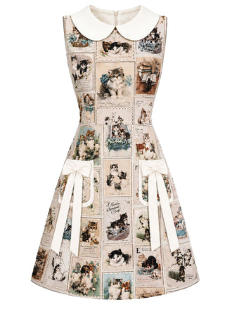 [Prevendita] Abito anni '60 beige con colletto Peter Pan e stampa vintage di cartoline con gatti 2