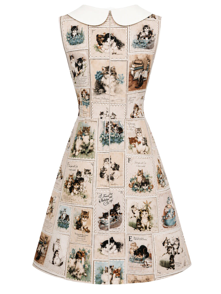 [Prevendita] Abito anni '60 beige con colletto Peter Pan e stampa vintage di cartoline con gatti 3