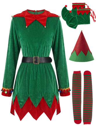 Completo Costume da Elfo Natalizio Verde Anni '40 in Velluto con Campanelli e Cintura