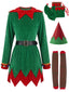 Completo Costume da Elfo Natalizio Verde Anni '40 in Velluto con Campanelli e Cintura