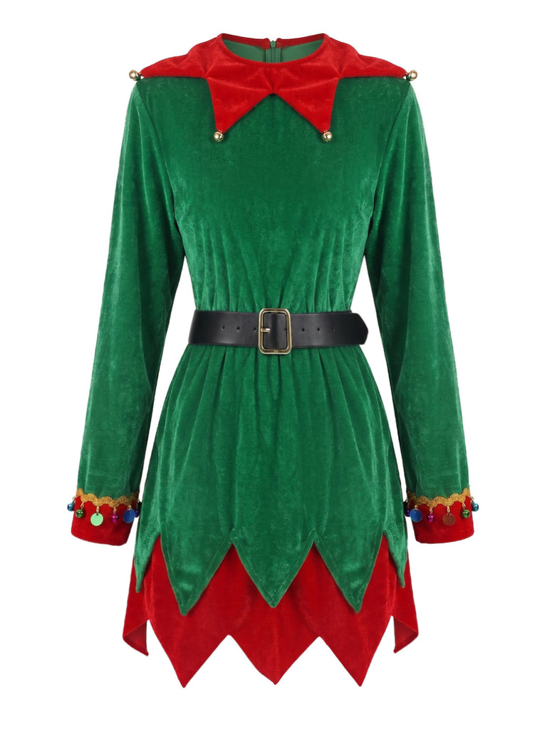 Completo Costume da Elfo Natalizio Verde Anni '40 in Velluto con Campanelli e Cintura 2