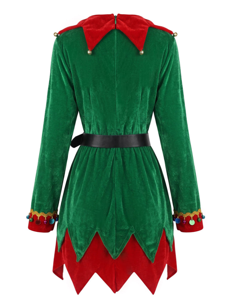 Completo Costume da Elfo Natalizio Verde Anni '40 in Velluto con Campanelli e Cintura 3