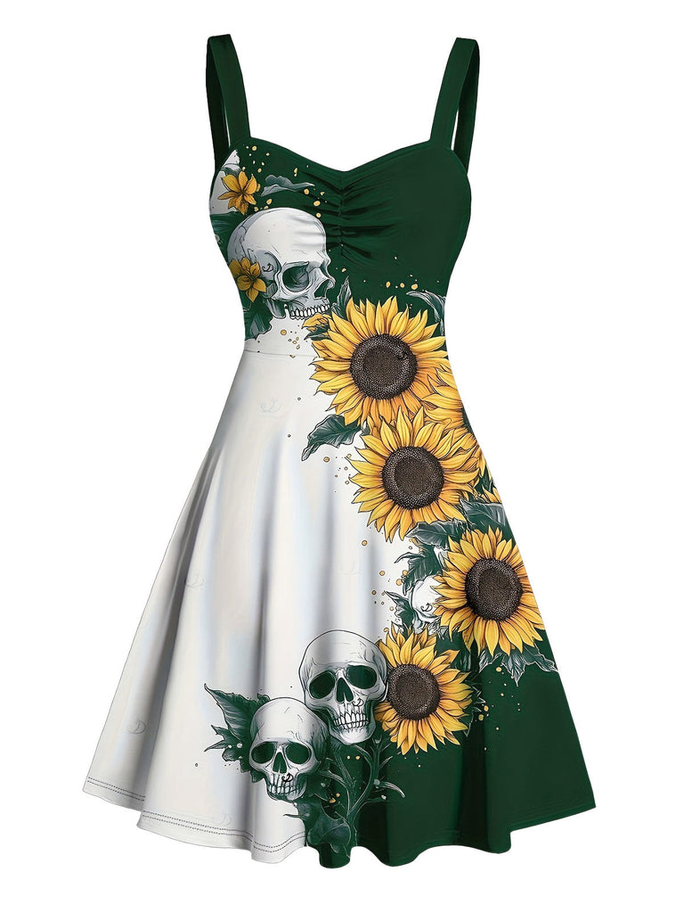 Abito anni '50 con girasoli e farfalle e teschi e scollo a cuore e dettagli a contrasto 6