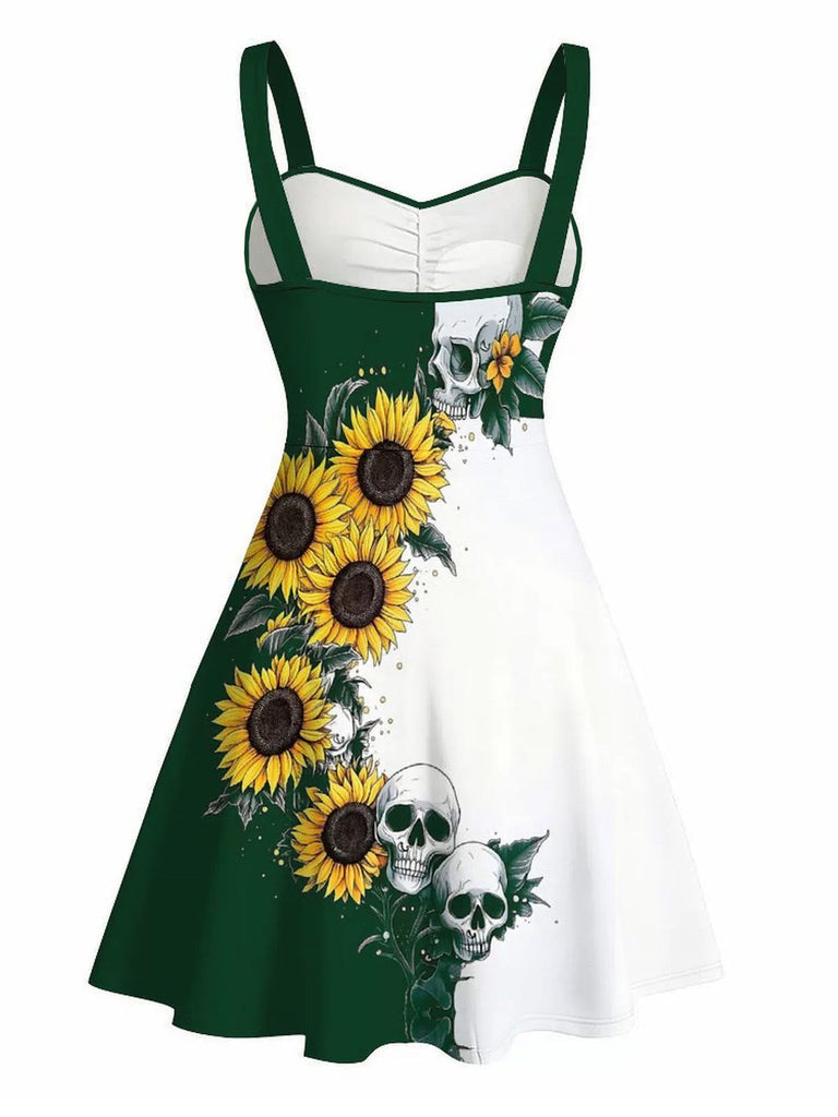Abito anni '50 con girasoli e farfalle e teschi e scollo a cuore e dettagli a contrasto 7