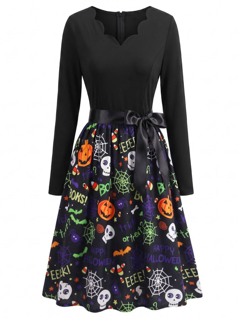 Abito swing anni '50 di Halloween con stampa e colletto a petalo e maniche lunghe e cintura 19