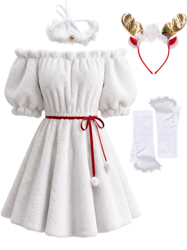 Abito Mini Bianco Anni '60 con Ecopelliccia e Spalle Scoperte con Cerchietto con Corna di Renna