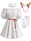 Abito Mini Bianco Anni '60 con Ecopelliccia e Spalle Scoperte e Cerchietto con corna