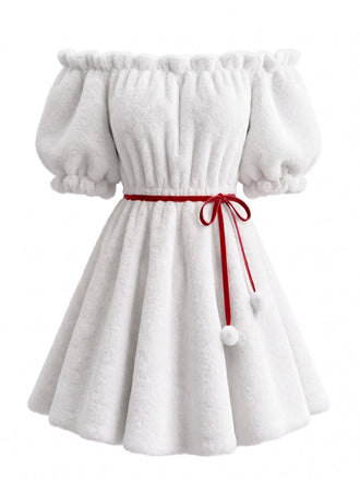 Abito Mini Bianco Anni '60 con Ecopelliccia e Spalle Scoperte con Cerchietto con Corna di Renna 2
