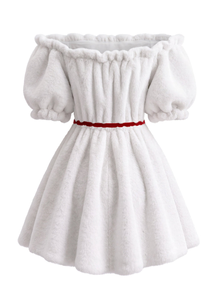 Abito Mini Bianco Anni '60 con Ecopelliccia e Spalle Scoperte con Cerchietto con Corna di Renna 3