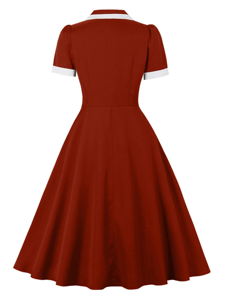 Abito bordeaux con scollo a V sagomato, profili a contrasto e tasche Anni '50 2