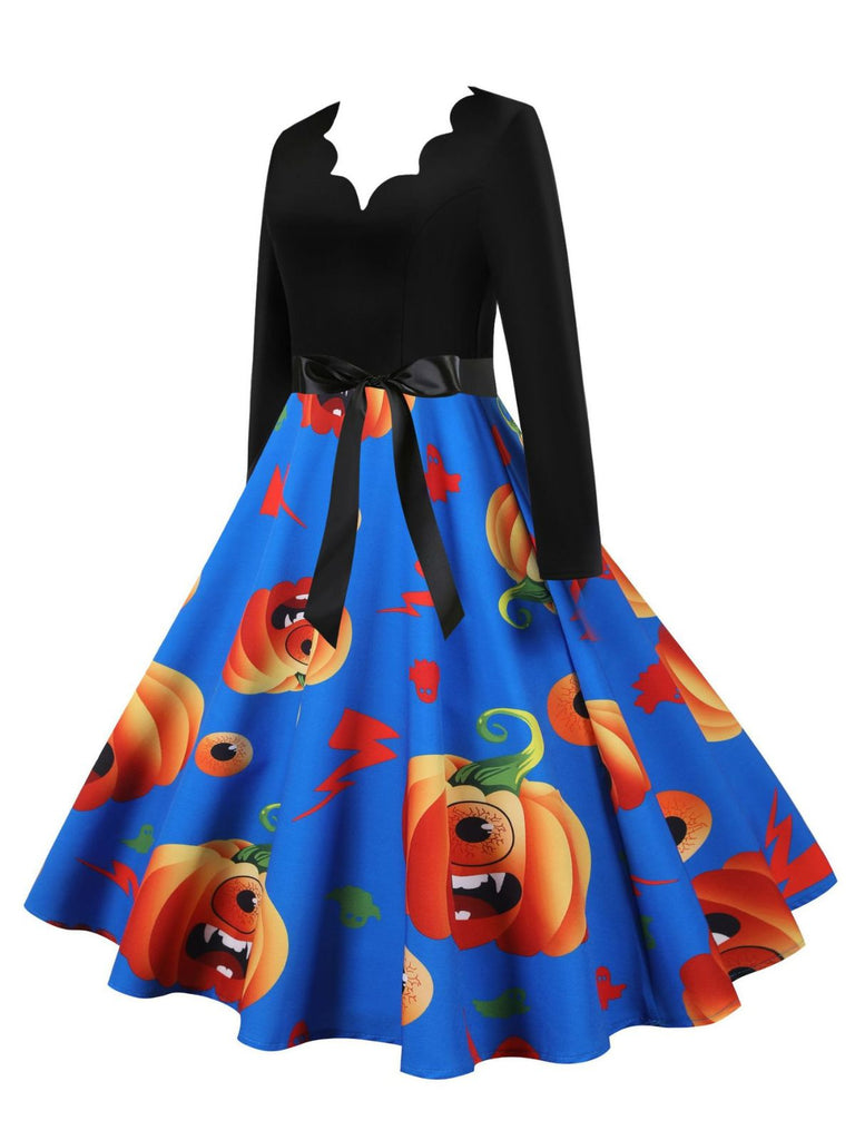 Abito swing anni '50 di Halloween con zucche e colletto a petalo e maniche lunghe 24
