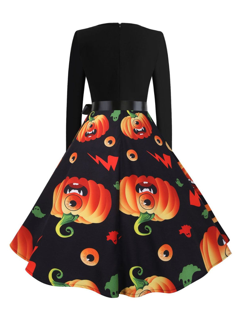 Abito swing anni '50 di Halloween con zucche e colletto a petalo e maniche lunghe 10