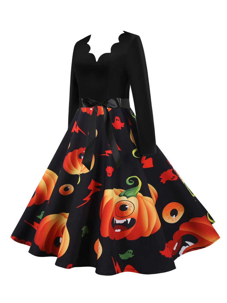 Abito swing anni '50 di Halloween con zucche e colletto a petalo e maniche lunghe 9