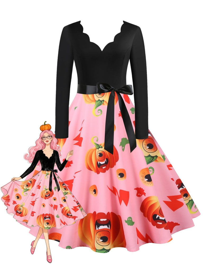 Abito swing anni '50 di Halloween con zucche e colletto a petalo e maniche lunghe