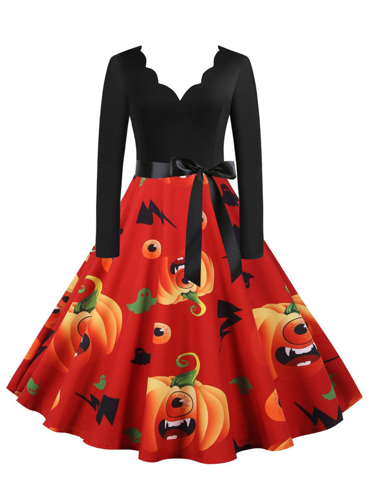 Abito swing anni '50 di Halloween con zucche e colletto a petalo e maniche lunghe 16