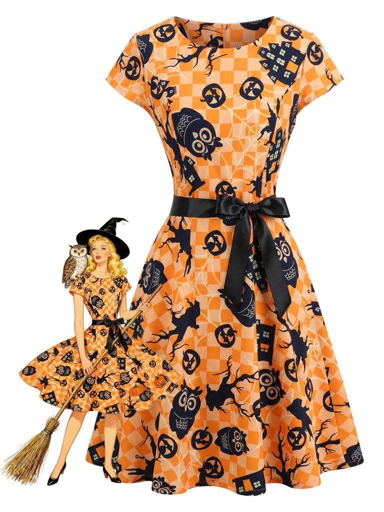 Abito swing anni '50 di Halloween con stampa di zucche e gufi e cintura