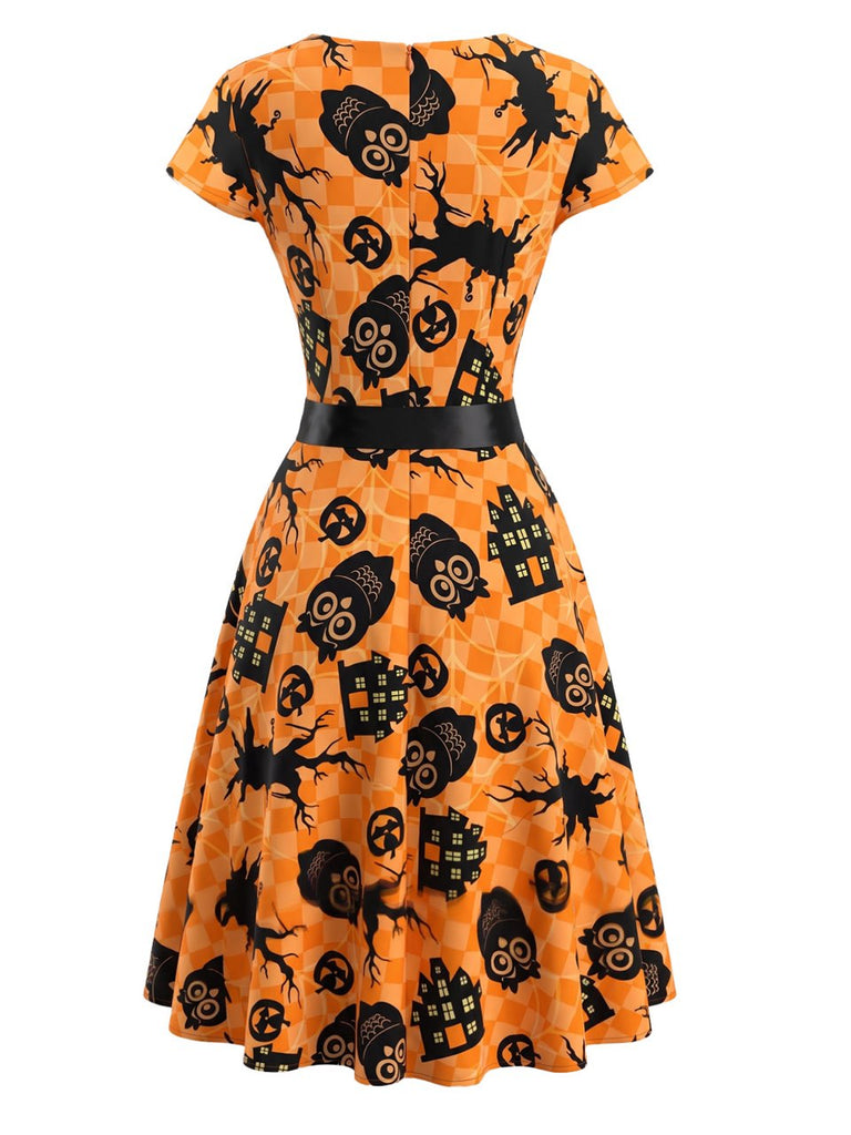 Abito swing anni '50 di Halloween con stampa di zucche e gufi e cintura 3