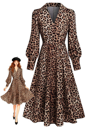 Abito anni '40 marrone con stampa leopardata e scollo a V e maniche a lanterna
