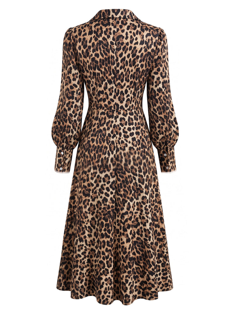 Abito anni '40 marrone con stampa leopardata e scollo a V e maniche a lanterna 3