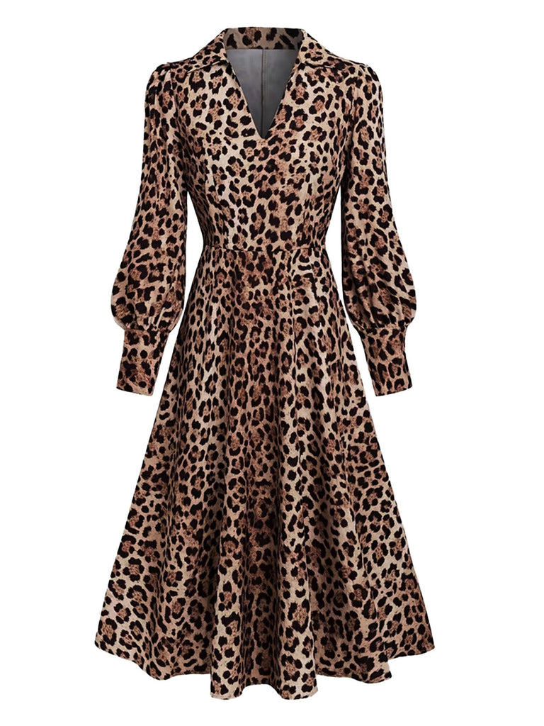 Abito anni '40 marrone con stampa leopardata e scollo a V e maniche a lanterna 2