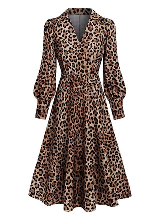 Abito anni '40 marrone con stampa leopardata e scollo a V e maniche a lanterna 2