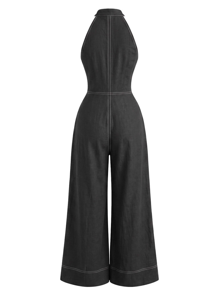 Tuta Lunga Nera Anni '40 Effetto Denim con Scollo All'americana e Gamba Ampia