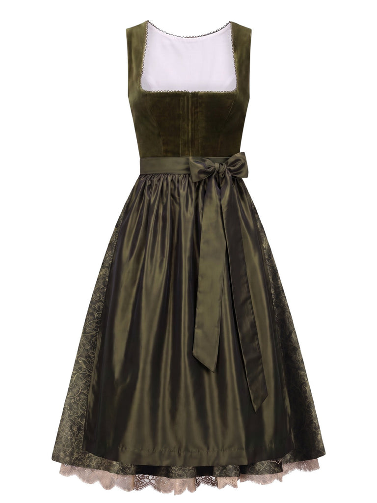 [Prevendita] Abito Verde Oliva Anni '50 Floreale con Scollo Quadrato e Grembiule