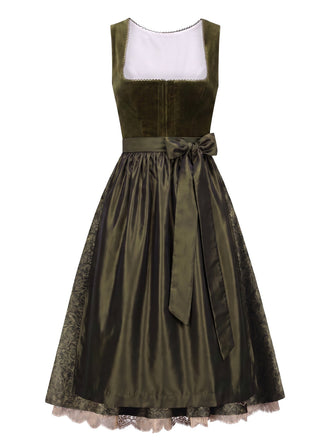 [Prevendita] Abito Verde Oliva Anni '50 Floreale con Scollo Quadrato e Grembiule