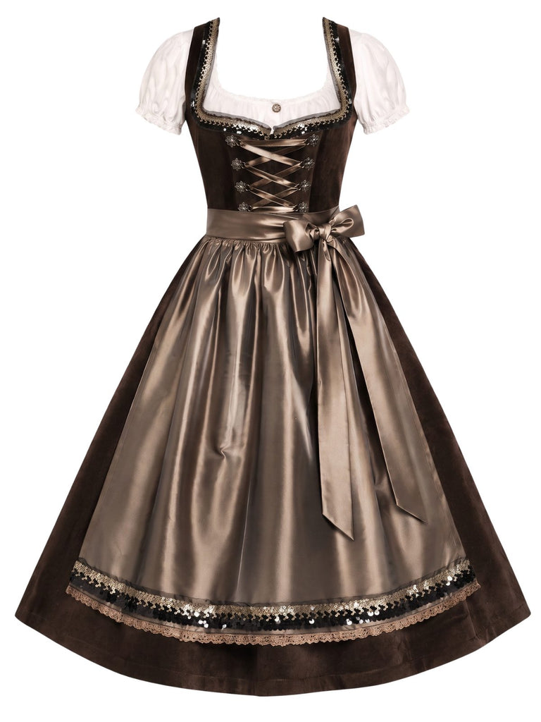 [Prevendita] Abito Marrone Anni '50 con Allacciatura Scollo Quadrato Grembiule e Maglia a Maniche Sbuffo
