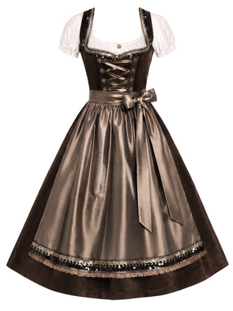 [Prevendita] Abito Marrone Anni '50 con Allacciatura Scollo Quadrato Grembiule e Maglia a Maniche Sbuffo