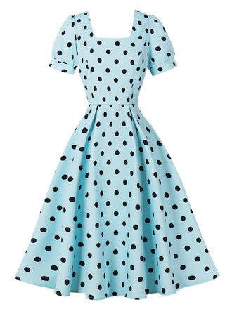 Abito swing anni '50 blu a pois con scollo quadrato e maniche a sbuffo