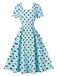 Abito swing anni '50 blu a pois con scollo quadrato e maniche a sbuffo
