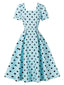 Abito a Ruota Blu Anni '50 a Pois con Scollo Quadrato e Maniche a Sbuffo
