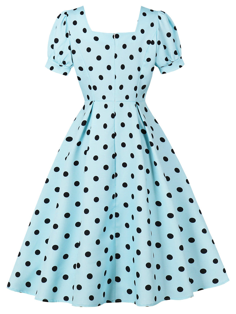 Abito swing anni '50 blu a pois con scollo quadrato e maniche a sbuffo 2