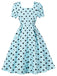 Abito swing anni '50 blu a pois con scollo quadrato e maniche a sbuffo 2