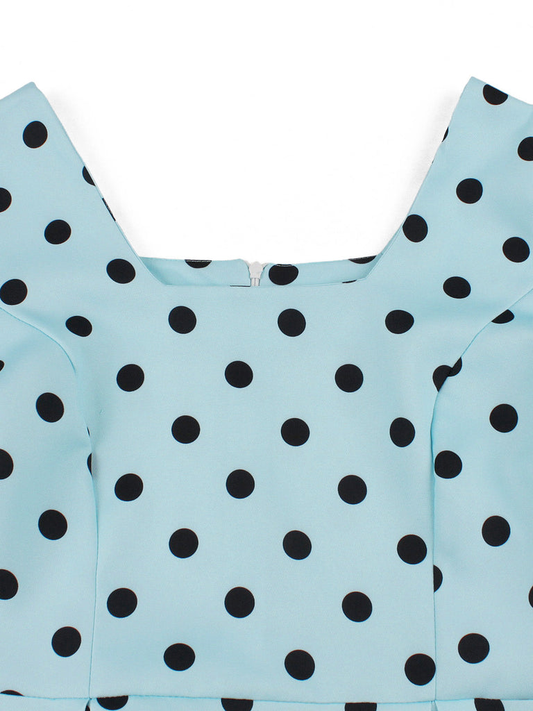 Abito swing anni '50 blu a pois con scollo quadrato e maniche a sbuffo 3