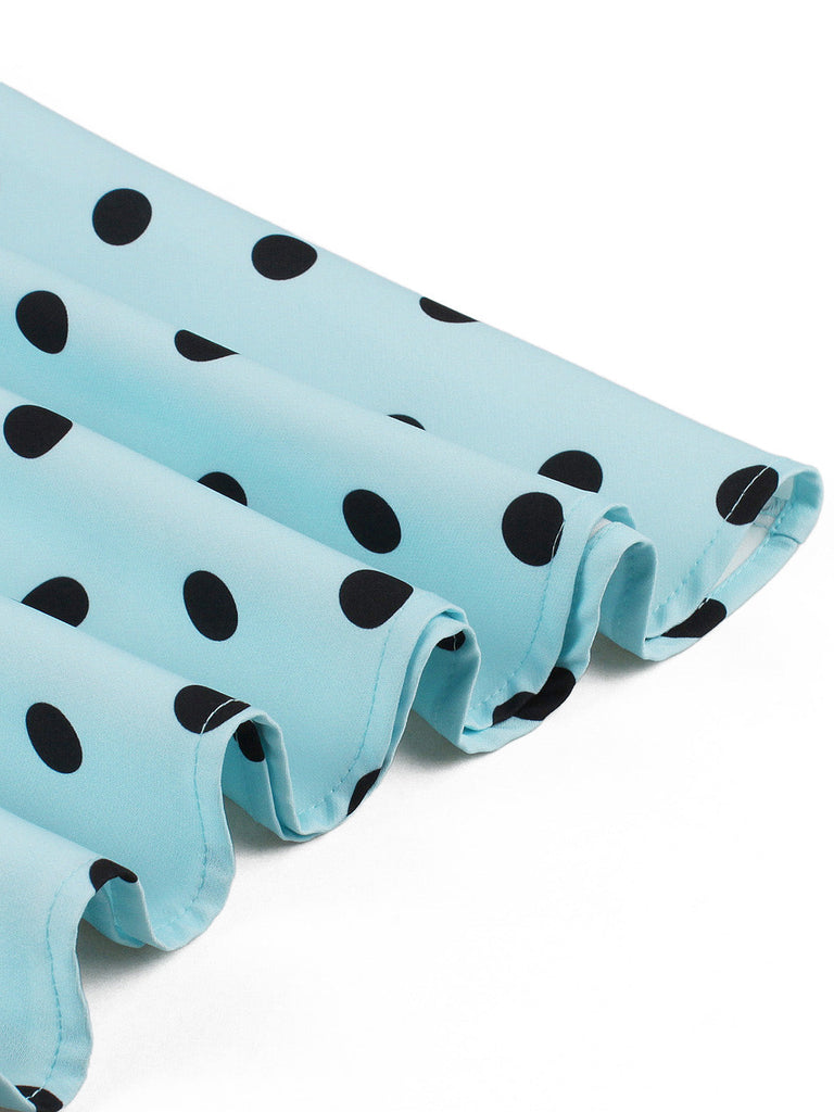 Abito swing anni '50 blu a pois con scollo quadrato e maniche a sbuffo 6