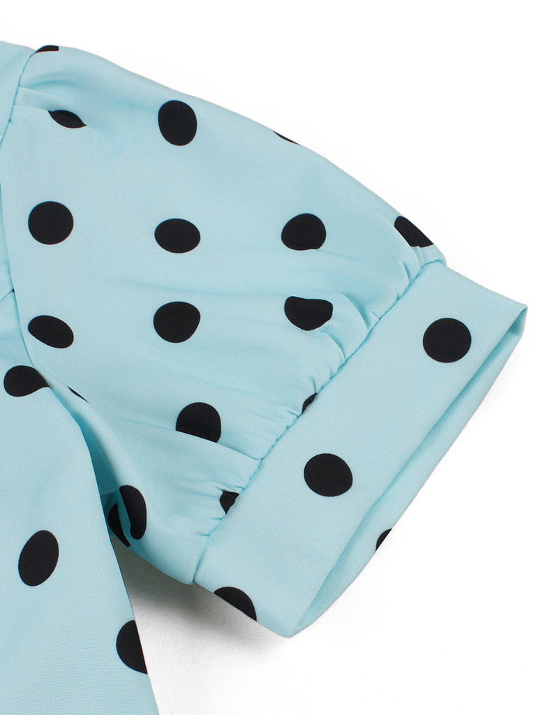 Abito swing anni '50 blu a pois con scollo quadrato e maniche a sbuffo 4