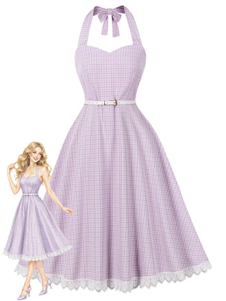 Abito Lavanda Anni '50 a Quadri con Scollo All'americana e Schiena Scoperta e Pizzo Patchwork