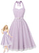 Abito Lavanda Anni '50 a Quadri con Scollo All'americana e Schiena Scoperta e Pizzo Patchwork