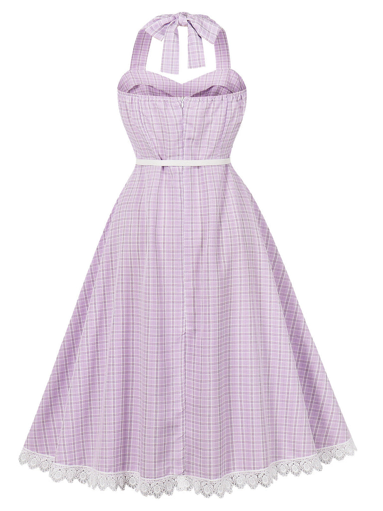 Abito Lavanda Anni '50 a Quadri con Scollo All'americana e Schiena Scoperta e Pizzo Patchwork 3