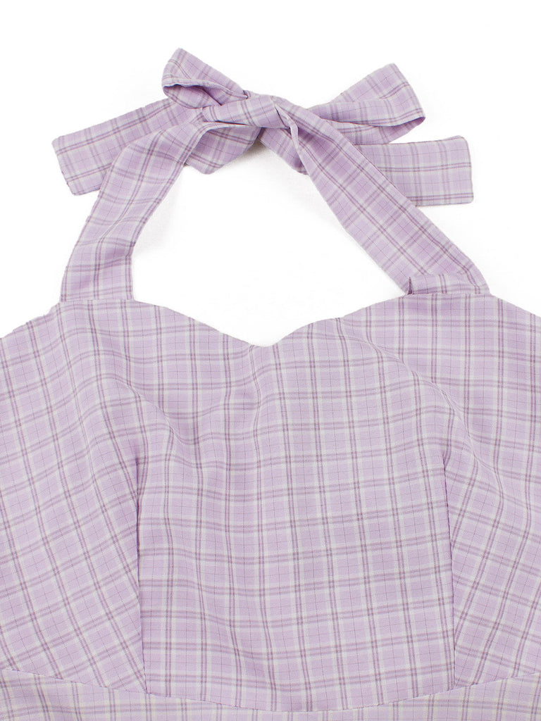 Abito Lavanda Anni '50 a Quadri con Scollo All'americana e Schiena Scoperta e Pizzo Patchwork 4